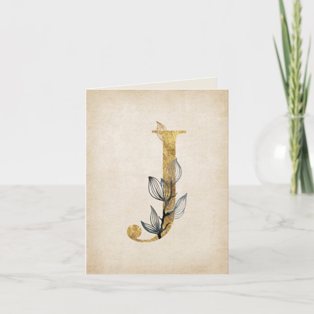 Gold and Black J Monogram With Leaves Note Card (Front)