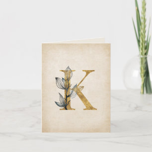 Gold and Black K Monogram With Leaves Note Card