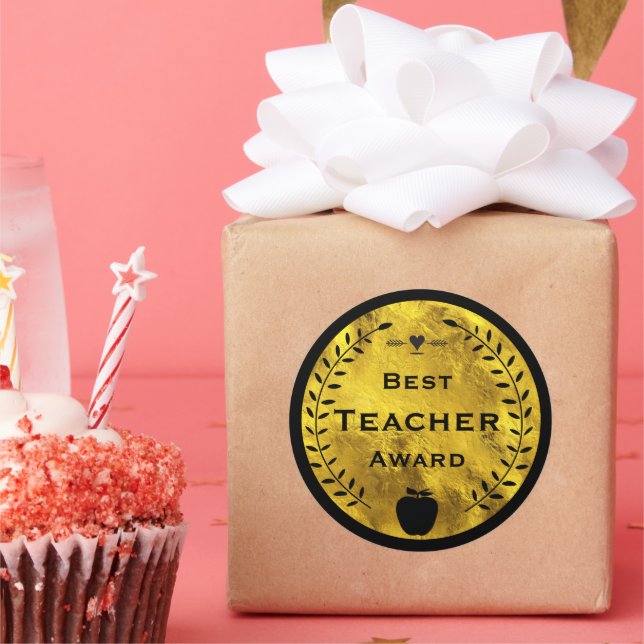 Gold and Black Laurel Wreath Best Teacher Award Classic Round Sticker (Party)