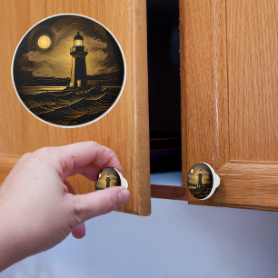 Gold and Black Lighthouse Under Moonlight Ceramic Knob