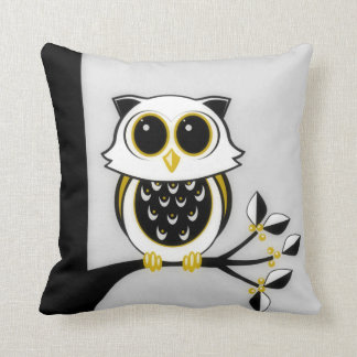 Gold and Black Line Art Owl, Leaves and Berries Cushion
