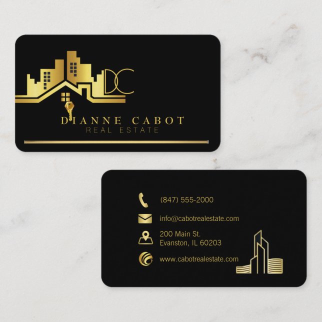 gold and black logo real estate business card (Front/Back)