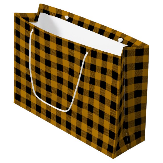 Gold and Black Lumberjack Plaid Christmas Gift Bag (Front Angled)