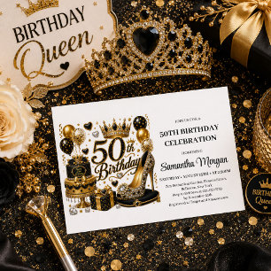 Gold And Black Luxe Glitter 50th Birthday Invites
