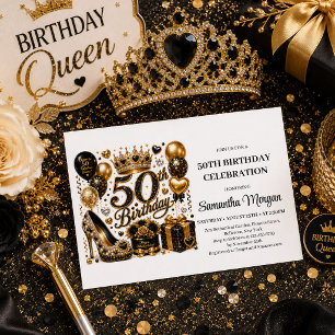 Gold And Black Luxe Glitter Fifty And Fabulous Inv Invitation