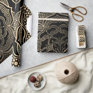 Gold And Black Mandala Art Boho Elegant Christmas Wrapping Paper