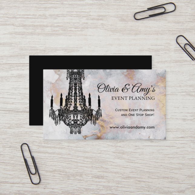 Gold and Black Marble Chandelier Business Cards (Front/Back In Situ)