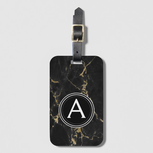 Gold and Black Marble Monogram Luggage Bag Tag (Front Vertical)
