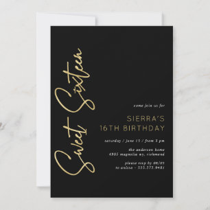Gold and Black Modern Sleek Sweet 16 Birthday Invitation