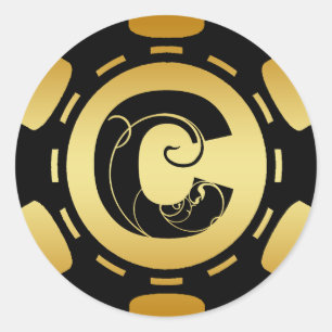 GOLD AND BLACK MONOGRAM LETTER C POKER CHIP CLASSIC ROUND STICKER