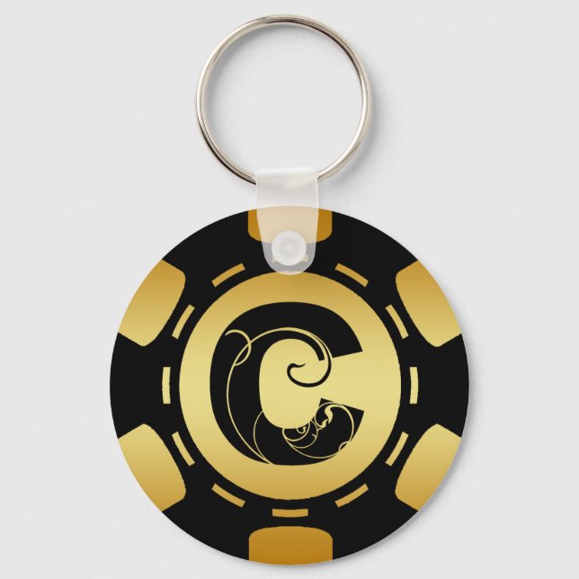 GOLD AND BLACK MONOGRAM LETTER C POKER CHIP KEY RING (Front)