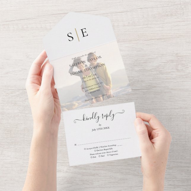 Gold And Black Monogram Photo Wedding All In One Invitation (Tearaway)