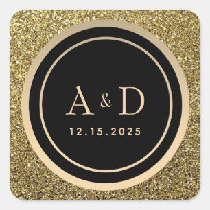 Gold and Black Monogram Wedding Square Sticker