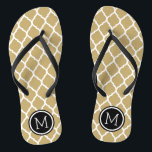 Gold and Black Moroccan Quatrefoil Monogram Flip Flops<br><div class="desc">Custom printed flip flop sandals with a stylish Moroccan quatrefoil pattern and your custom monogram or other text in a circle frame. Click Customise It to change text fonts and colours or add your own images to create a unique one of a kind design!</div>