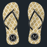 Gold and Black Moroccan Quatrefoil Monogram Flip Flops<br><div class="desc">Custom printed flip flop sandals with a stylish Moroccan quatrefoil pattern and your custom monogram or other text in a circle frame. Click Customise It to change text fonts and colours or add your own images to create a unique one of a kind design!</div>