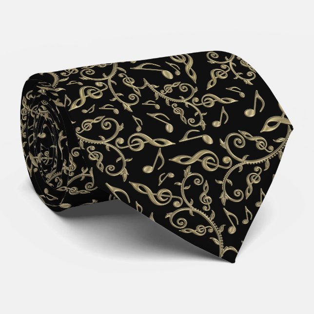 Gold and Black Musical Notes and Symbols Music Tie (Rolled)