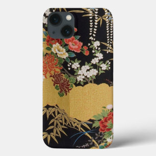 Gold and Black Oriental Japanese Kimono Floral  iPhone 13 Case
