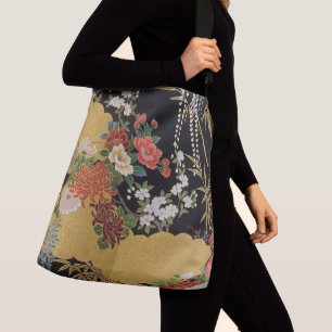 Gold and Black Oriental Japanese Kimono Floral Crossbody Bag