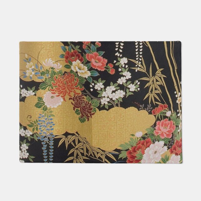 Gold and Black Oriental Japanese Kimono Floral  Doormat (Front)