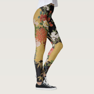 Gold and Black Oriental Japanese Kimono Floral  Leggings