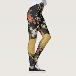 Gold and Black Oriental Japanese Kimono Floral  Leggings