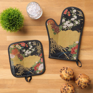Gold and Black Oriental Japanese Kimono Floral  Oven Mitt & Pot Holder Set