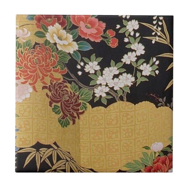Gold and Black Oriental Japanese Kimono Floral  Tile (Front)