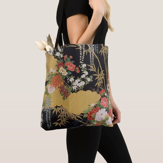 Gold and Black Oriental Japanese Kimono Floral  Tote Bag (Close Up)