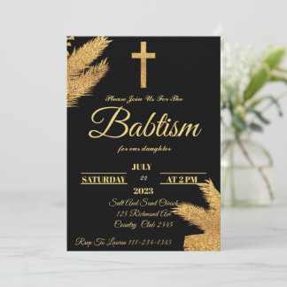 Gold And Black Pampas Grass Baptism  Invitation