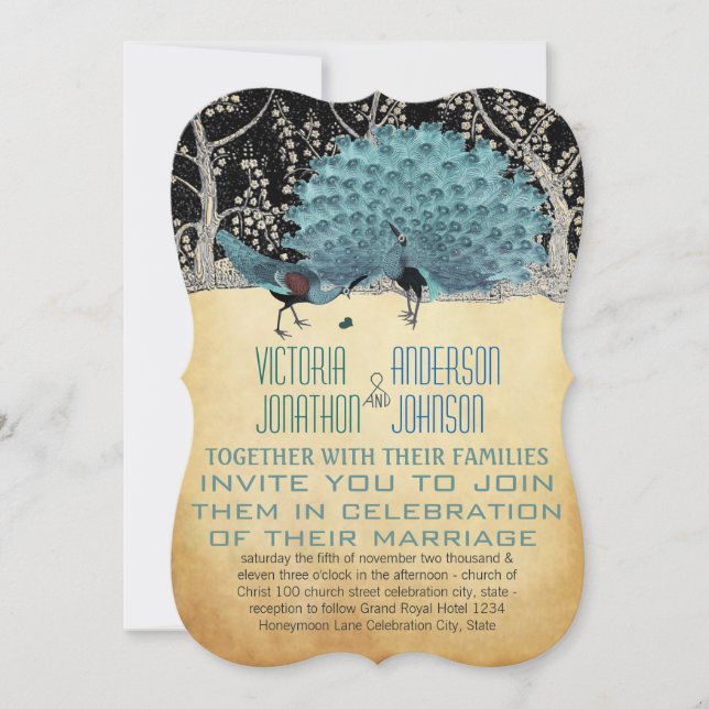 Gold and Black Peacocks in the Forest Invitation (Front)