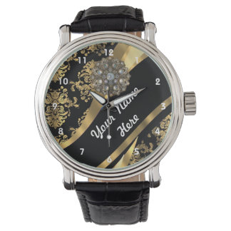 Gold and black personalised damask pattern watch