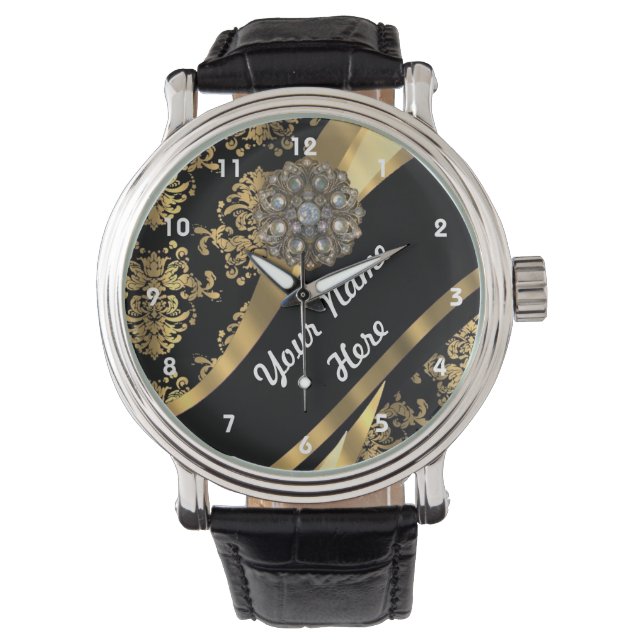 Gold and black personalised damask pattern watch (Front)