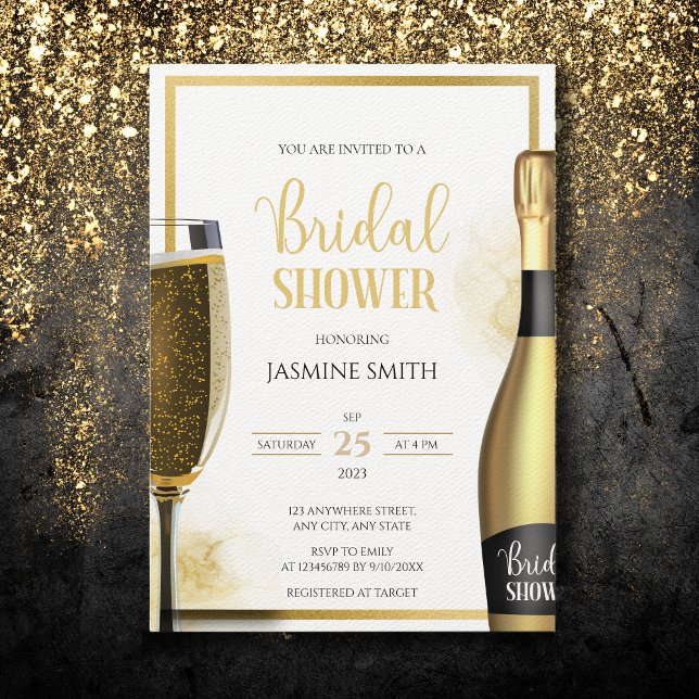 Gold and Black Petals and Prosecco Bridal Shower Invitation (Creator Uploaded)
