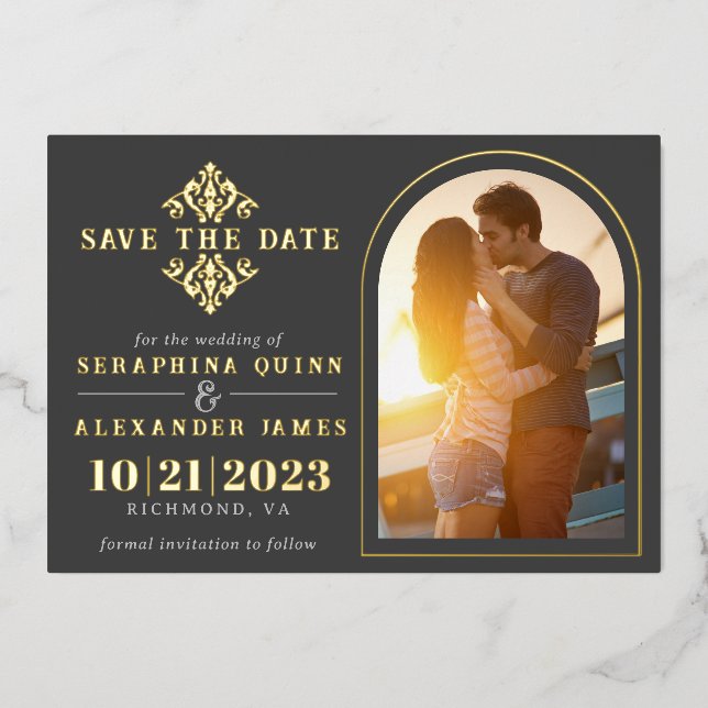 Gold and Black Photo Arch | Elegant Save the Date (Front)