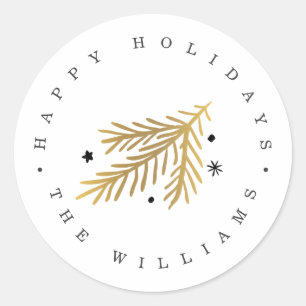 Gold and black pine Christmas Happy holidays Classic Round Sticker