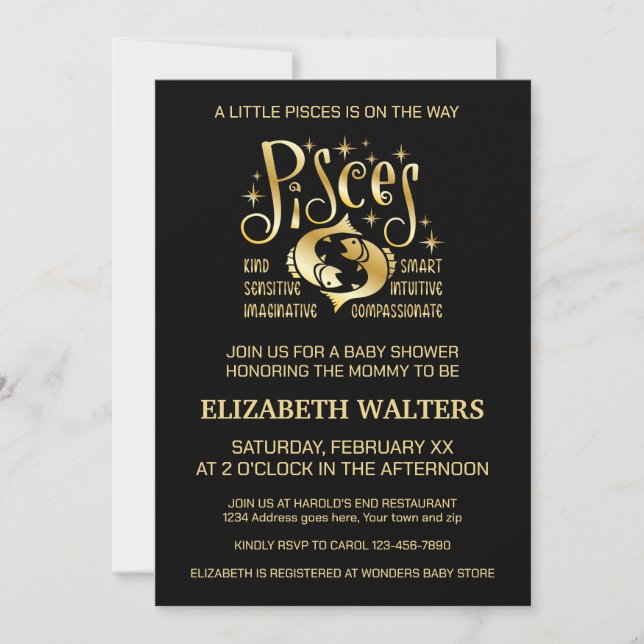 Gold and Black Pisces Zodiac Baby Shower Invitation (Front)