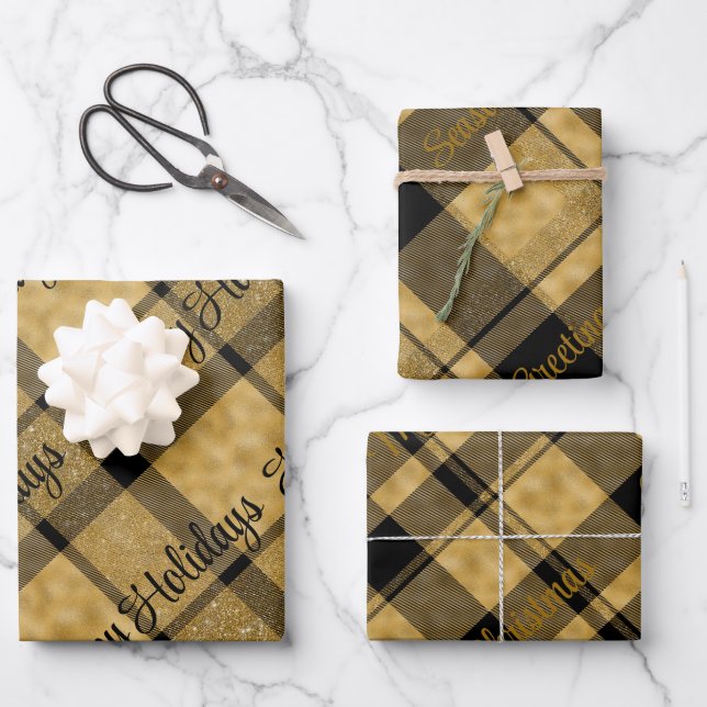 Gold and Black Plaid With Christmas Text  Wrapping Paper Sheet (Front)
