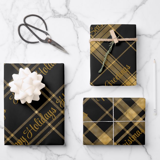 Gold and Black Plaid With Christmas Text Wrapping  Wrapping Paper Sheet (Front)