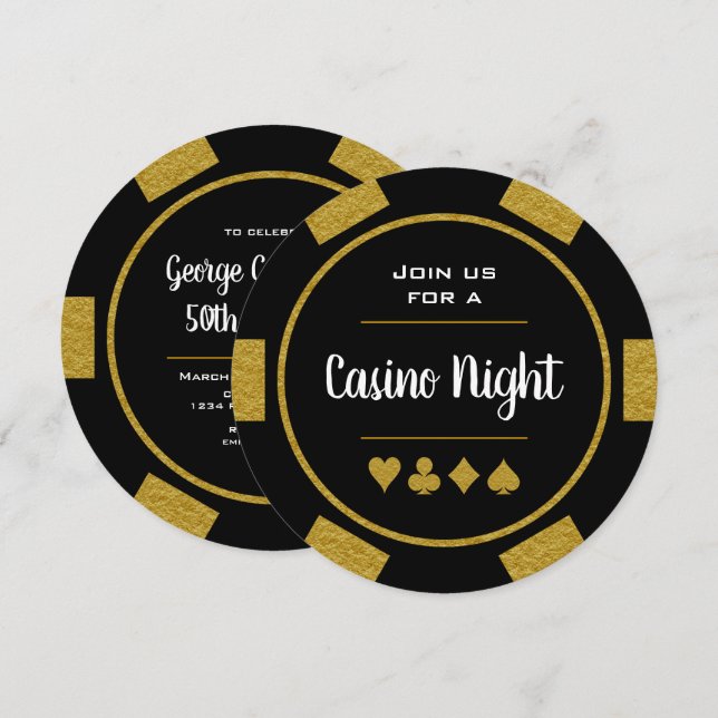 Gold and Black Poker Chip Birthday Casino Night Invitation (Front/Back)