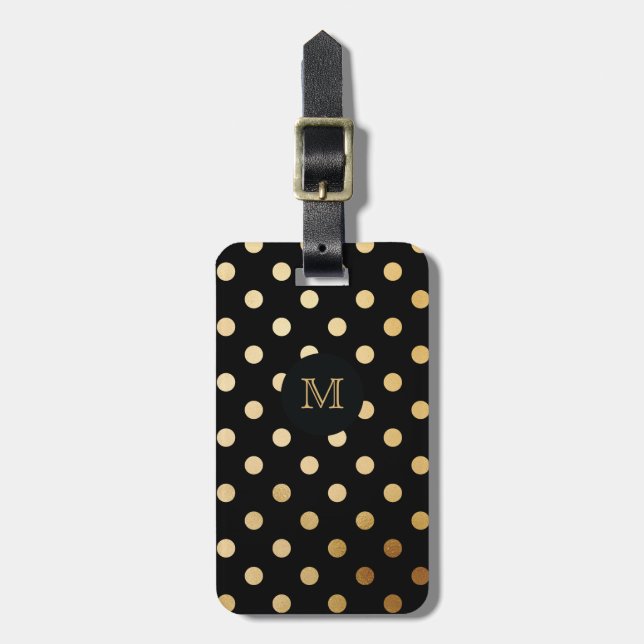 Gold and Black Polka Dot Luggage Tag (Front Vertical)