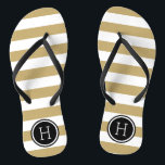 Gold and Black Preppy Stripes Monogram Flip Flops<br><div class="desc">Custom printed flip flop sandals with a preppy nautical stripe pattern and your custom monogram or other text in a circle frame. Click Customise It to change text fonts and colours or add your own images to create a unique one of a kind design!</div>