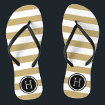 Gold and Black Preppy Stripes Monogram Flip Flops<br><div class="desc">Custom printed flip flop sandals with a preppy nautical stripe pattern and your custom monogram or other text in a circle frame. Click Customise It to change text fonts and colours or add your own images to create a unique one of a kind design!</div>