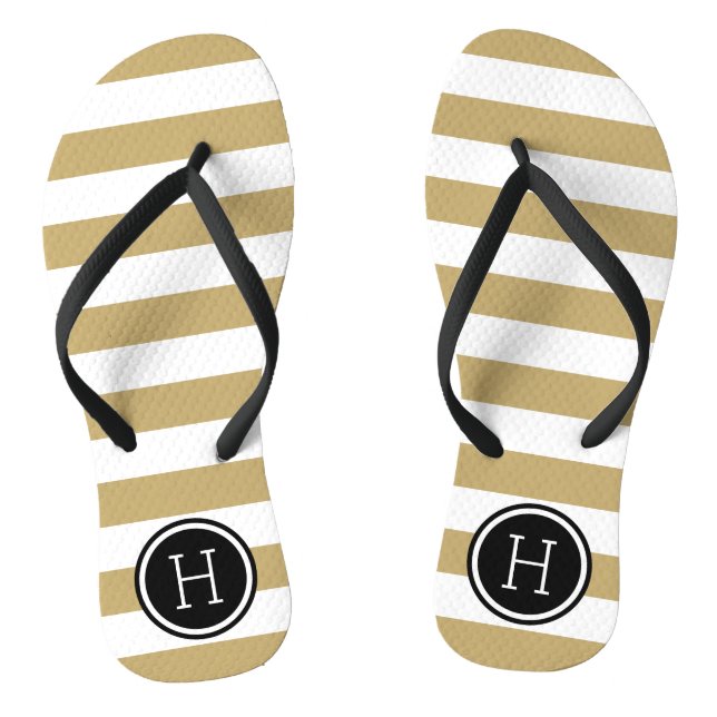 Gold and Black Preppy Stripes Monogram Flip Flops (Footbed)