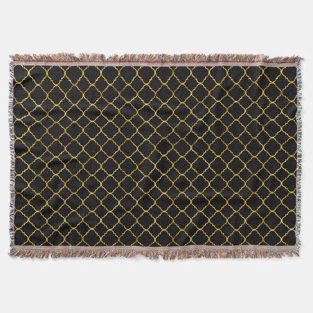 Gold and Black Quatrefoil Throw Blanket (Front)
