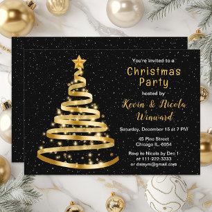 Gold and Black Ribbon Tree Christmas Party Invitation