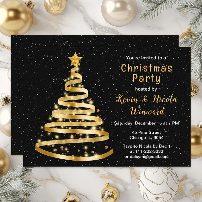 Gold and Black Ribbon Tree Christmas Party Invitation (Creator Uploaded)