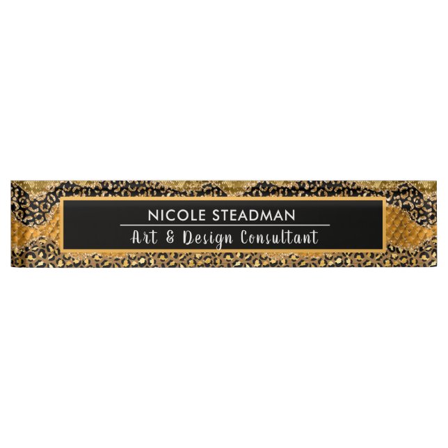 Gold and Black Safari Jungle Animal Print Agate Nameplate (Front)