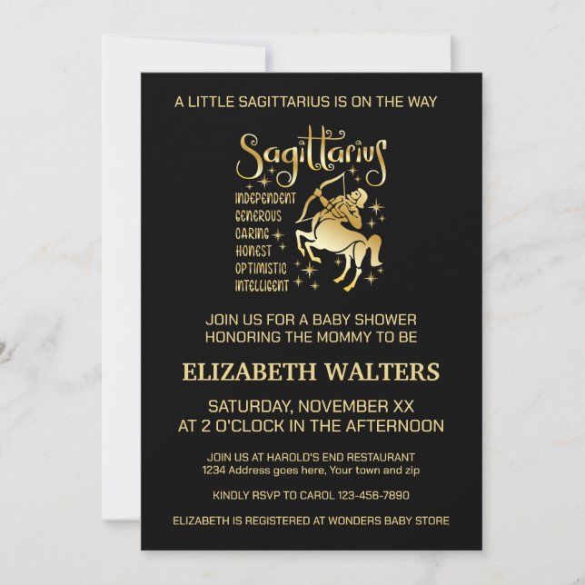 Gold and Black Sagittarius Zodiac Baby Shower Invitation (Front)