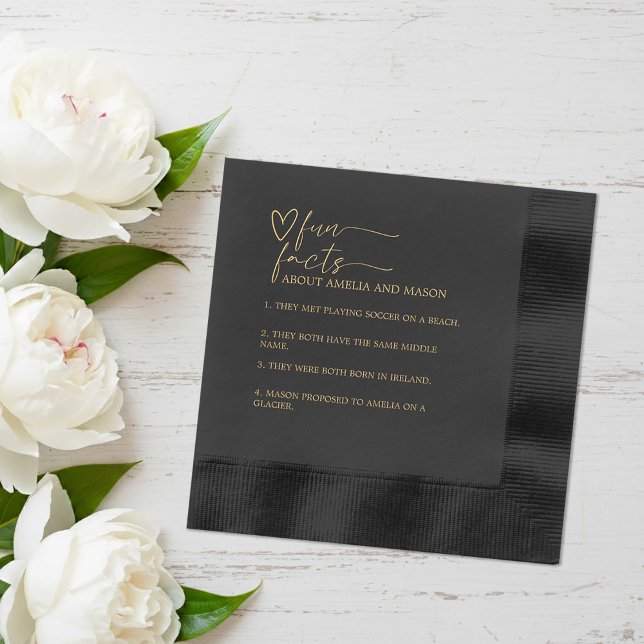 Gold and Black Script Calligraphy Wedding Fun Fact Foil Napkins (Gold and Black Script Calligraphy Wedding Fun Fact Foil Napkins)