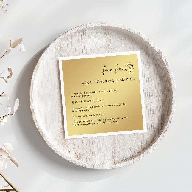 Gold and Black Script Fun Facts Newlyweds Wedding Napkin (Creator Uploaded)